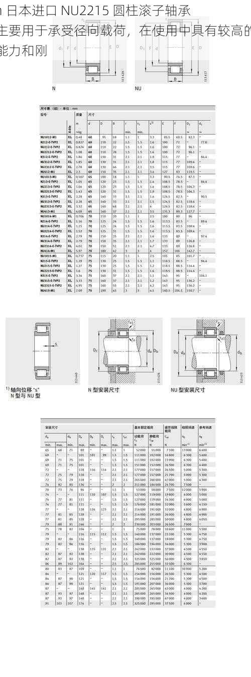 ntn 日本进口 NU2215 圆柱滚子轴承，主要用于承受径向载荷，在使用中具有较高的承载能力和刚